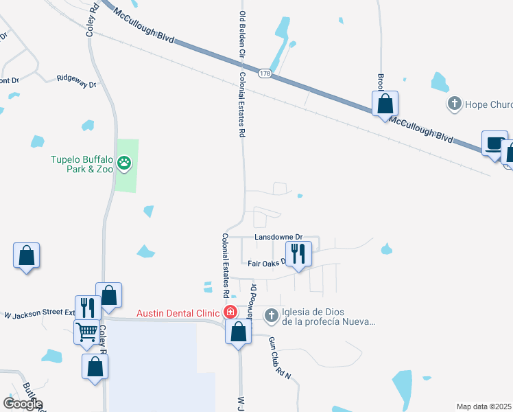 map of restaurants, bars, coffee shops, grocery stores, and more near 3586 Cotton Bowl Lane in Tupelo