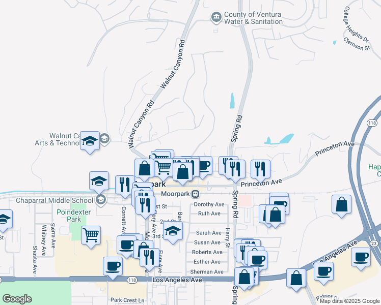 map of restaurants, bars, coffee shops, grocery stores, and more near 841 Valley Road in Moorpark