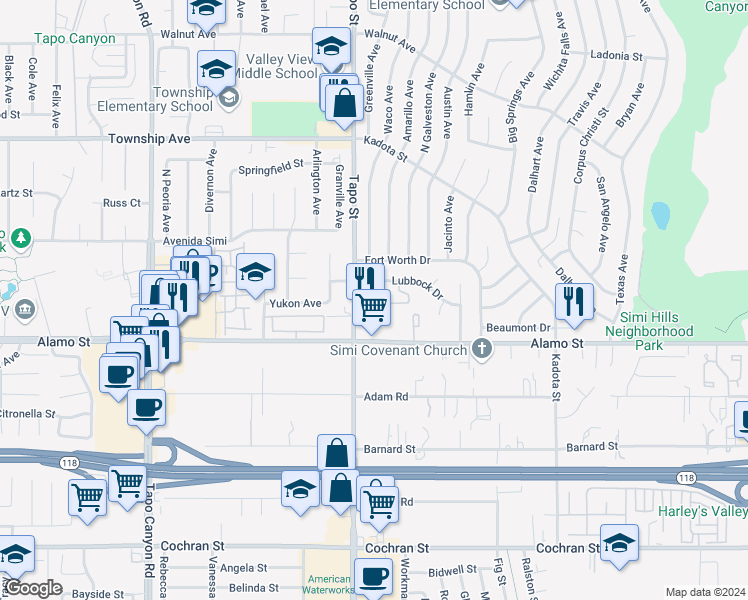 map of restaurants, bars, coffee shops, grocery stores, and more near 4484 Lubbock Drive in Simi Valley