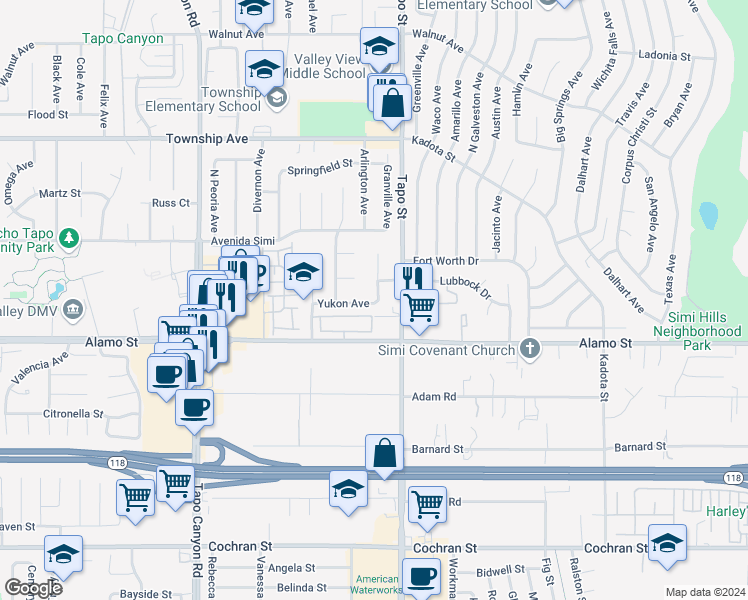 map of restaurants, bars, coffee shops, grocery stores, and more near 4484 Lubbock Drive in Simi Valley