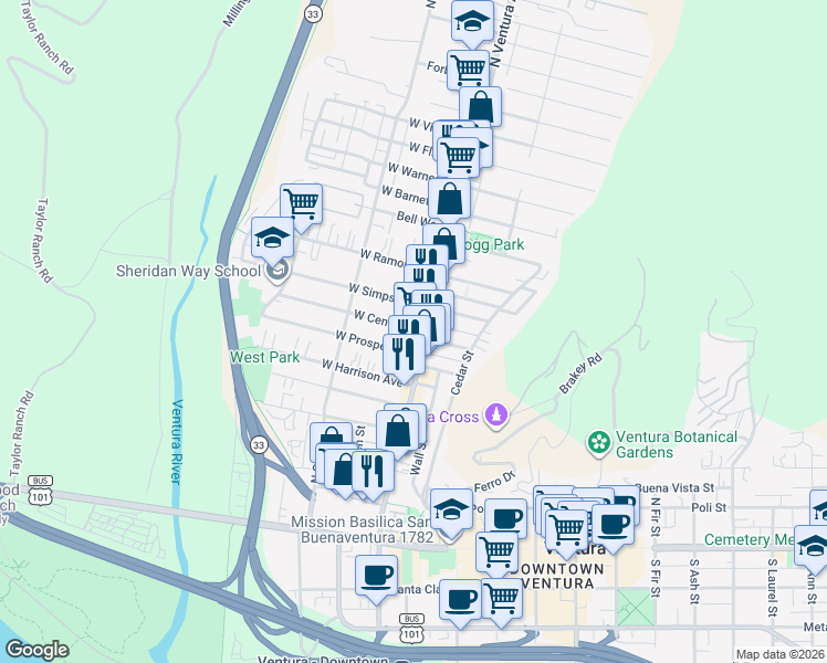 map of restaurants, bars, coffee shops, grocery stores, and more near 48 West Simpson Street in Ventura