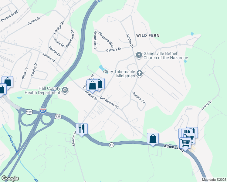 map of restaurants, bars, coffee shops, grocery stores, and more near 1332 Brown Street in Gainesville