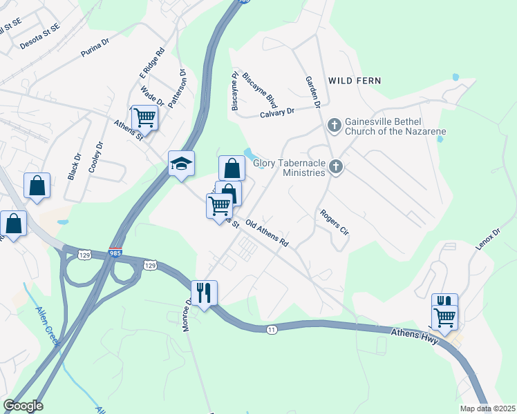 map of restaurants, bars, coffee shops, grocery stores, and more near 1332 Brown Street in Gainesville