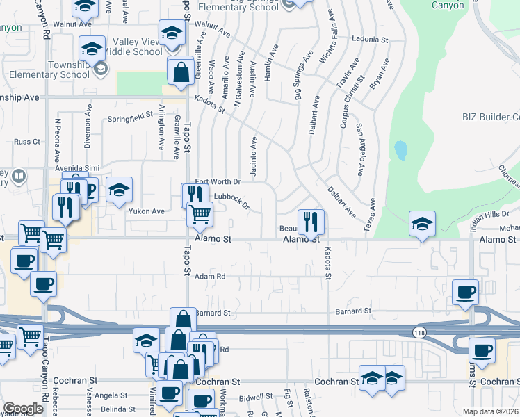 map of restaurants, bars, coffee shops, grocery stores, and more near 4593 Lubbock Drive in Simi Valley