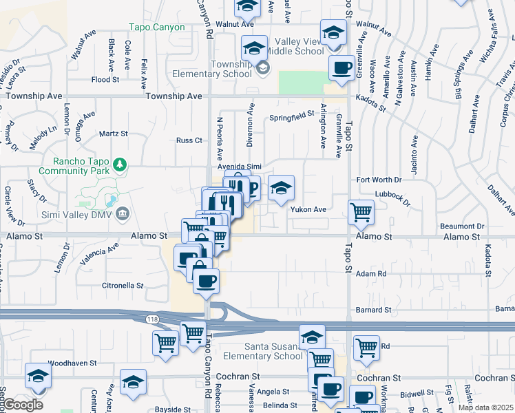 map of restaurants, bars, coffee shops, grocery stores, and more near 4106 Laredo Lane in Simi Valley