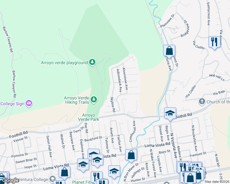map of restaurants, bars, coffee shops, grocery stores, and more near 679 Adirondack Avenue in Ventura