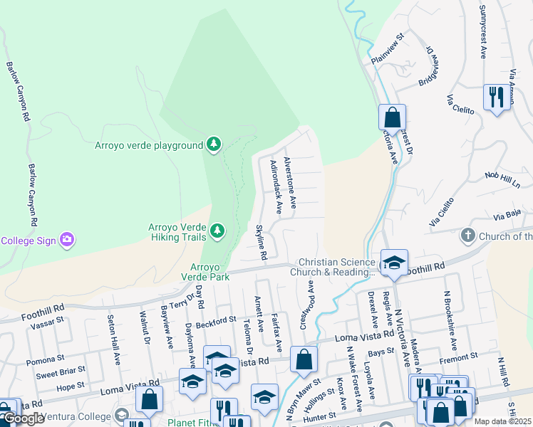 map of restaurants, bars, coffee shops, grocery stores, and more near 642 Skyline Road in Ventura