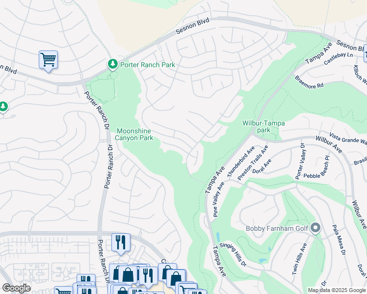 map of restaurants, bars, coffee shops, grocery stores, and more near 19747 Winged Foot Way in Los Angeles