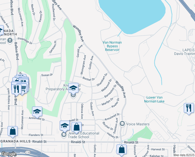 map of restaurants, bars, coffee shops, grocery stores, and more near 16384 Buchet Drive in Los Angeles