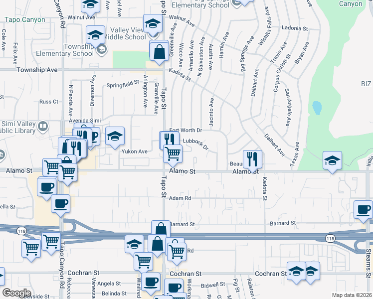 map of restaurants, bars, coffee shops, grocery stores, and more near 4460 Lubbock Drive in Simi Valley