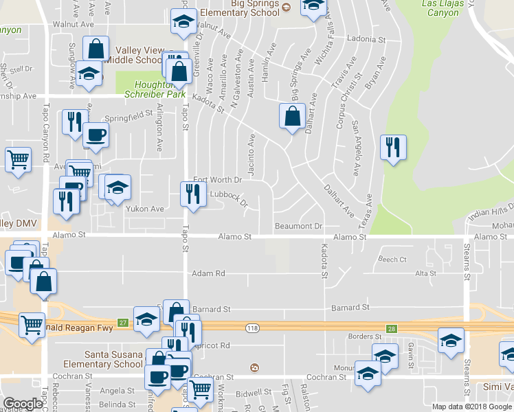 map of restaurants, bars, coffee shops, grocery stores, and more near 4593 Lubbock Drive in Simi Valley
