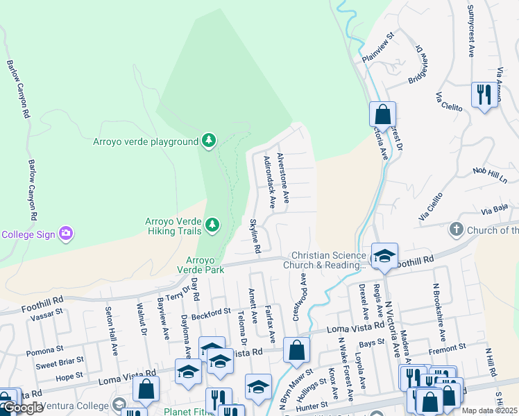 map of restaurants, bars, coffee shops, grocery stores, and more near 642 Skyline Road in Ventura