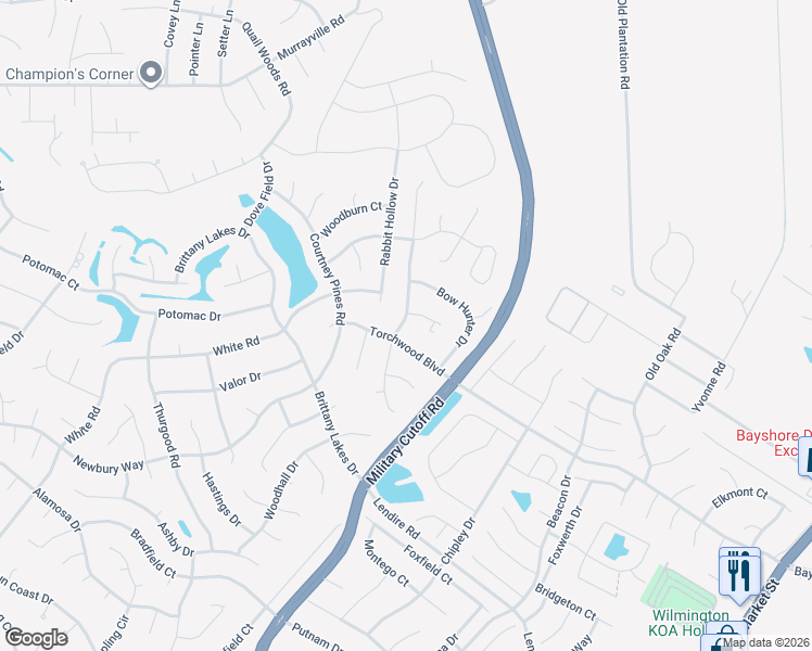 map of restaurants, bars, coffee shops, grocery stores, and more near 7336 Walking Horse Court in Wilmington