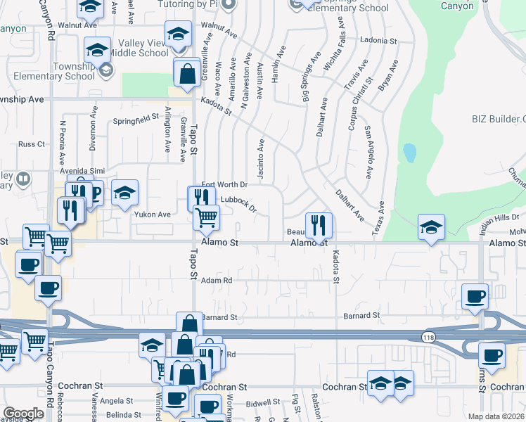 map of restaurants, bars, coffee shops, grocery stores, and more near 4581 Lubbock Drive in Simi Valley