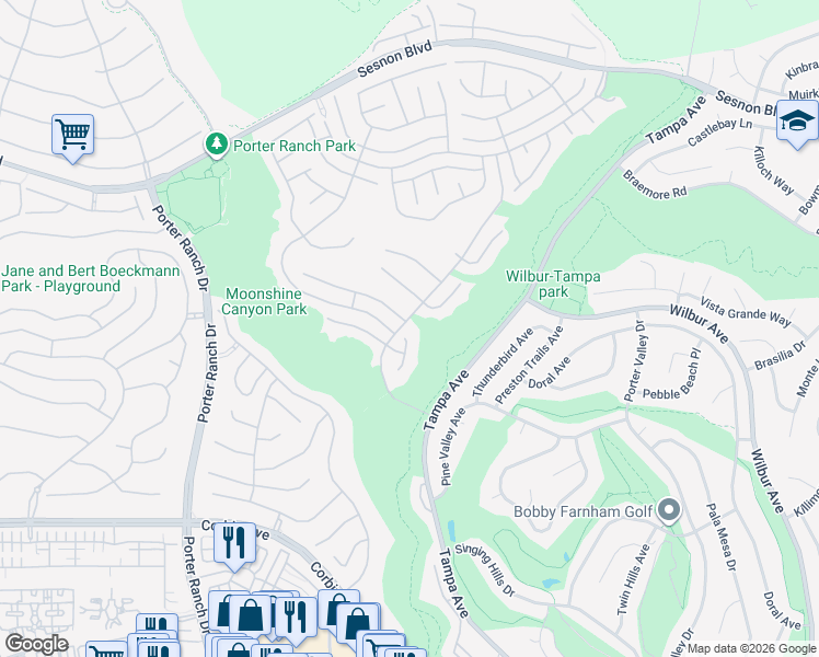 map of restaurants, bars, coffee shops, grocery stores, and more near 19709 Falcon Crest Way in Los Angeles