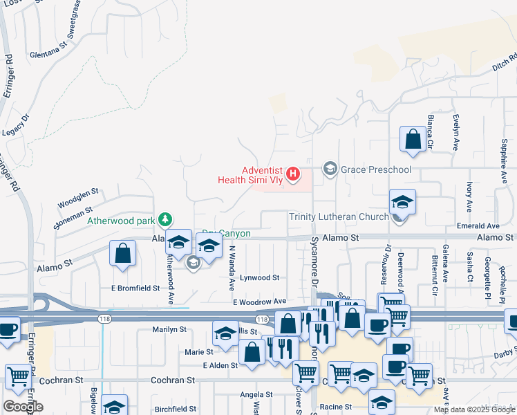 map of restaurants, bars, coffee shops, grocery stores, and more near 2877 Ocie Avenue in Simi Valley