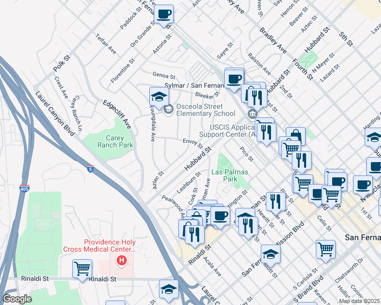 map of restaurants, bars, coffee shops, grocery stores, and more near 14820 Aztec Street in Los Angeles
