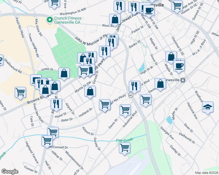 map of restaurants, bars, coffee shops, grocery stores, and more near 782 Myrtle Street Southwest in Gainesville