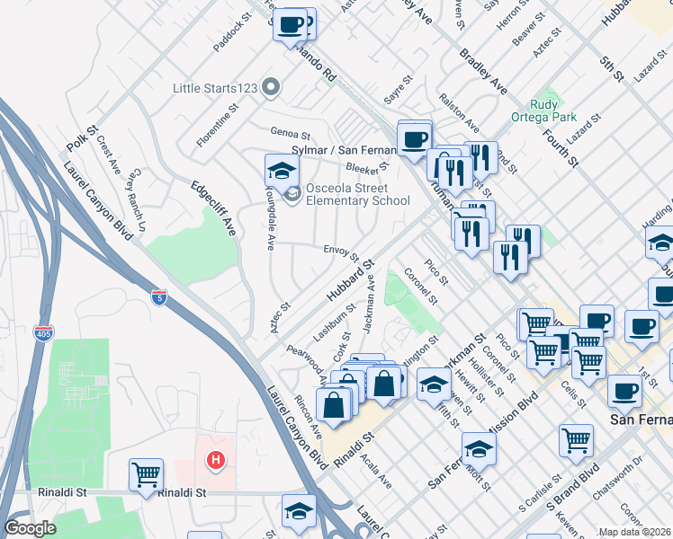 map of restaurants, bars, coffee shops, grocery stores, and more near 14820 Aztec Street in Los Angeles