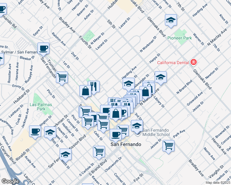 map of restaurants, bars, coffee shops, grocery stores, and more near 231 Harps Street in San Fernando