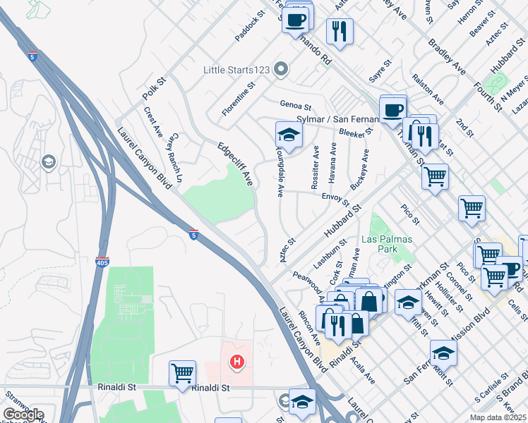 map of restaurants, bars, coffee shops, grocery stores, and more near 12019 Youngdale Avenue in Los Angeles