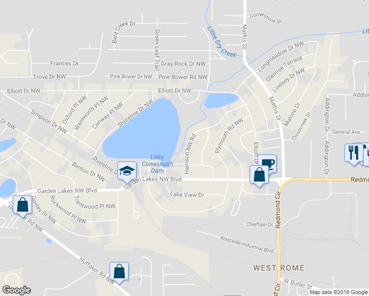 map of restaurants, bars, coffee shops, grocery stores, and more near 107 Harrison Northwest Road in Rome