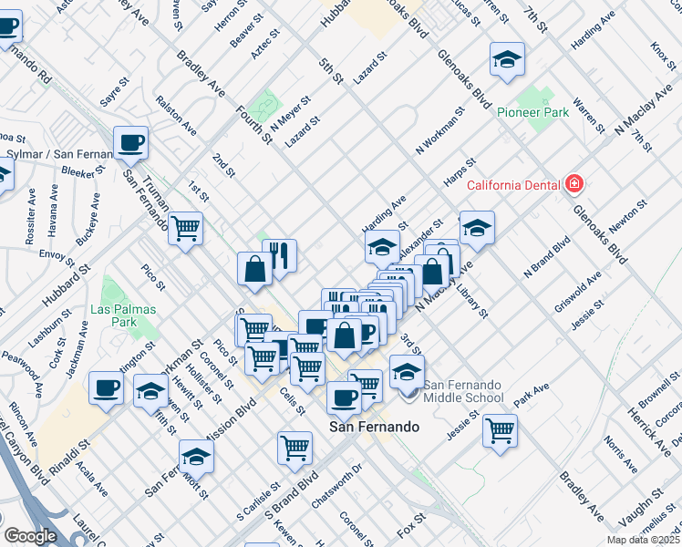 map of restaurants, bars, coffee shops, grocery stores, and more near 231 Harps Street in San Fernando