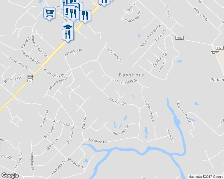 map of restaurants, bars, coffee shops, grocery stores, and more near 302 Bluffton Court in Wilmington