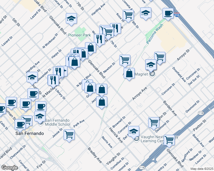 map of restaurants, bars, coffee shops, grocery stores, and more near 767 Griswold Avenue in San Fernando