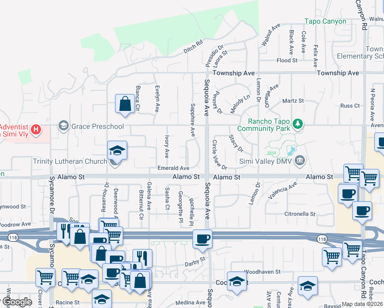 map of restaurants, bars, coffee shops, grocery stores, and more near 2918 Topaz Avenue in Simi Valley
