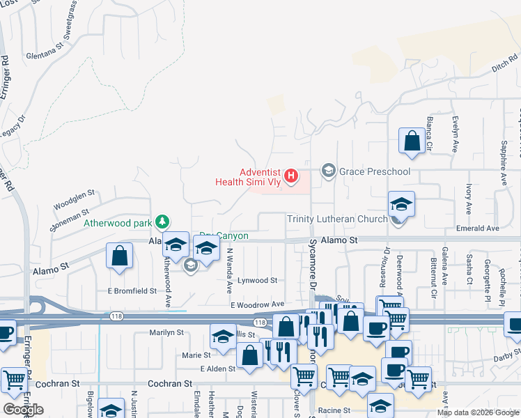 map of restaurants, bars, coffee shops, grocery stores, and more near 2877 Ocie Avenue in Simi Valley