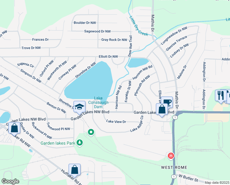 map of restaurants, bars, coffee shops, grocery stores, and more near 107 Harrison Northwest Road in Rome