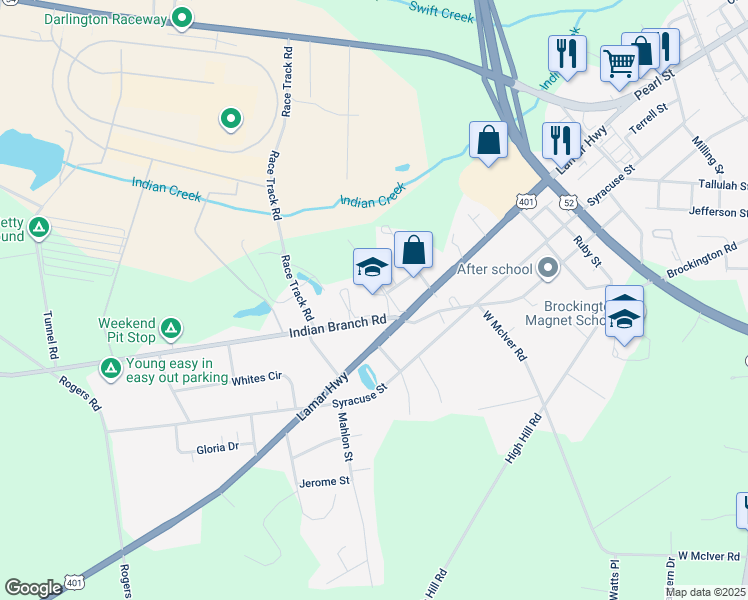 map of restaurants, bars, coffee shops, grocery stores, and more near 1010 Indian Branch Road in Darlington