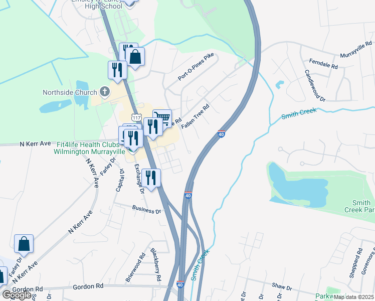 map of restaurants, bars, coffee shops, grocery stores, and more near 6200 Bent Tree Court in Wilmington