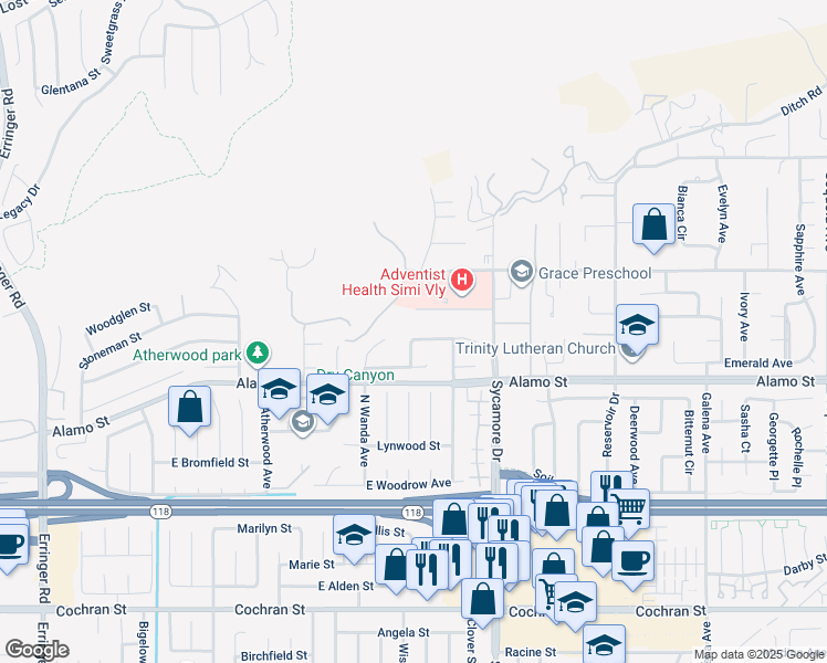 map of restaurants, bars, coffee shops, grocery stores, and more near 2877 Ocie Avenue in Simi Valley