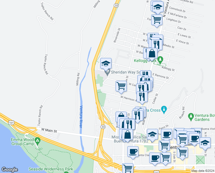 map of restaurants, bars, coffee shops, grocery stores, and more near 354 West Prospect Street in Ventura