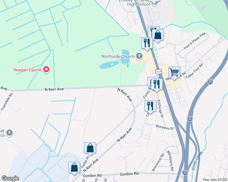 map of restaurants, bars, coffee shops, grocery stores, and more near 4401-5499 North Kerr Avenue in Wilmington