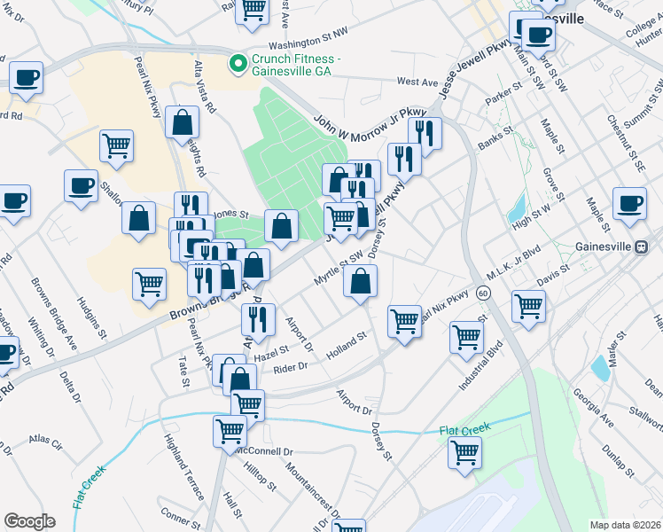 map of restaurants, bars, coffee shops, grocery stores, and more near 1115 Jesse Jewell Parkway in Gainesville
