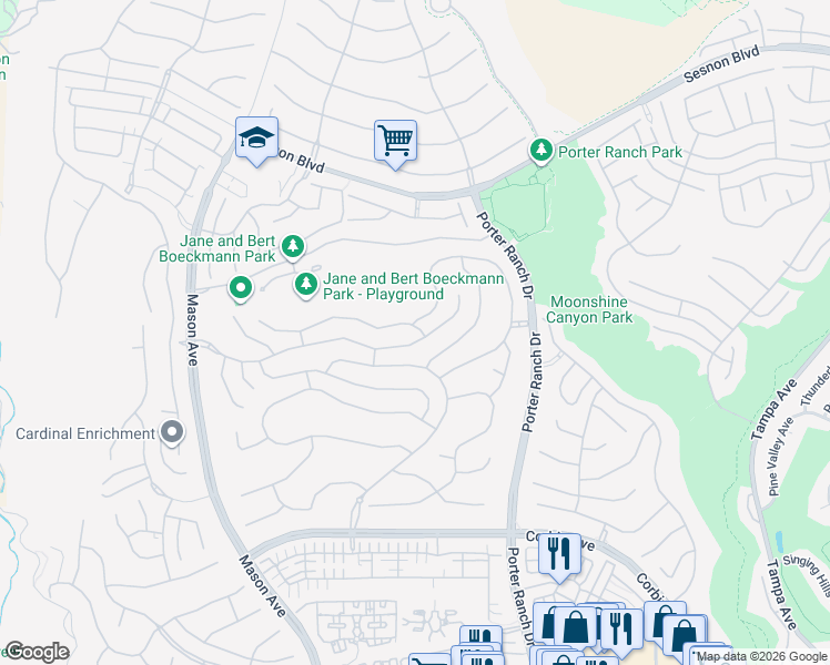 map of restaurants, bars, coffee shops, grocery stores, and more near 20204 Albion Way in Los Angeles
