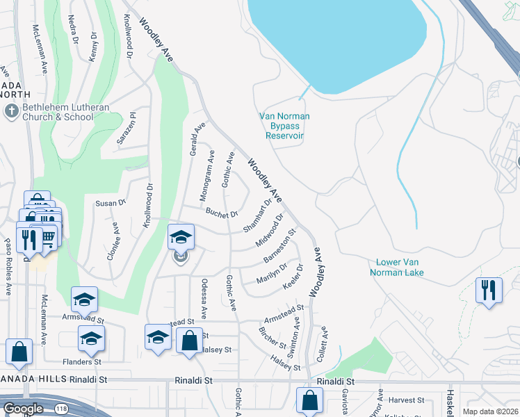 map of restaurants, bars, coffee shops, grocery stores, and more near 16356 Buchet Drive in Los Angeles
