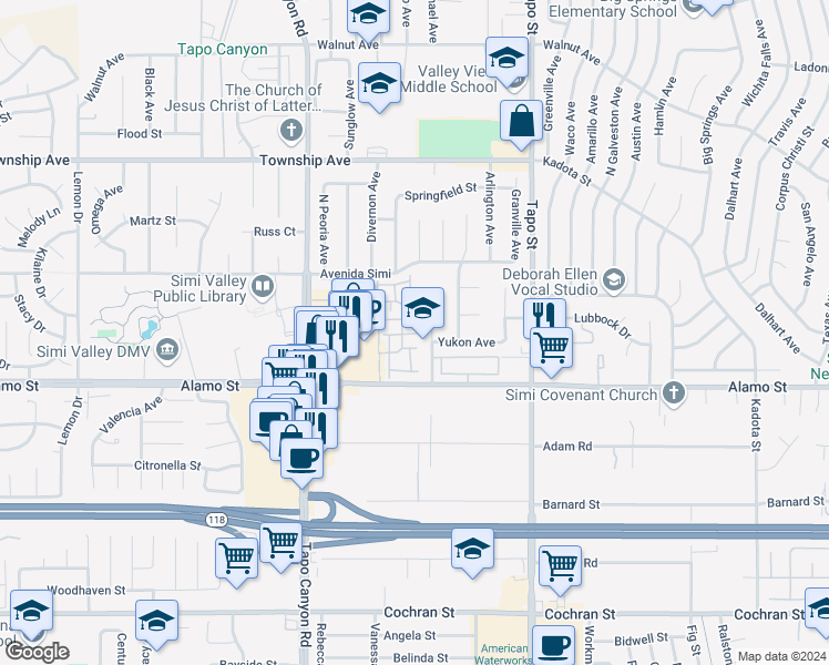 map of restaurants, bars, coffee shops, grocery stores, and more near 2947 Fairbanks Avenue in Simi Valley