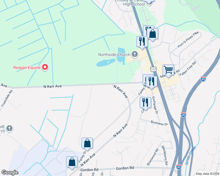map of restaurants, bars, coffee shops, grocery stores, and more near 4401-5499 North Kerr Avenue in Wilmington
