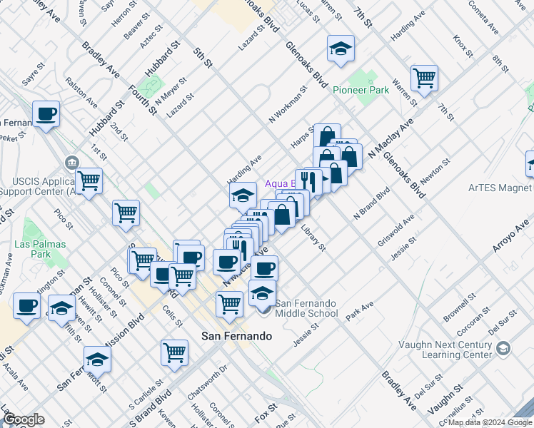 map of restaurants, bars, coffee shops, grocery stores, and more near 427 North Hagar Street in San Fernando