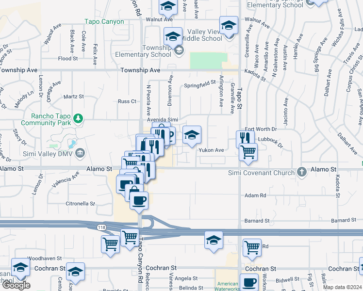 map of restaurants, bars, coffee shops, grocery stores, and more near 4153 Laredo Lane in Simi Valley