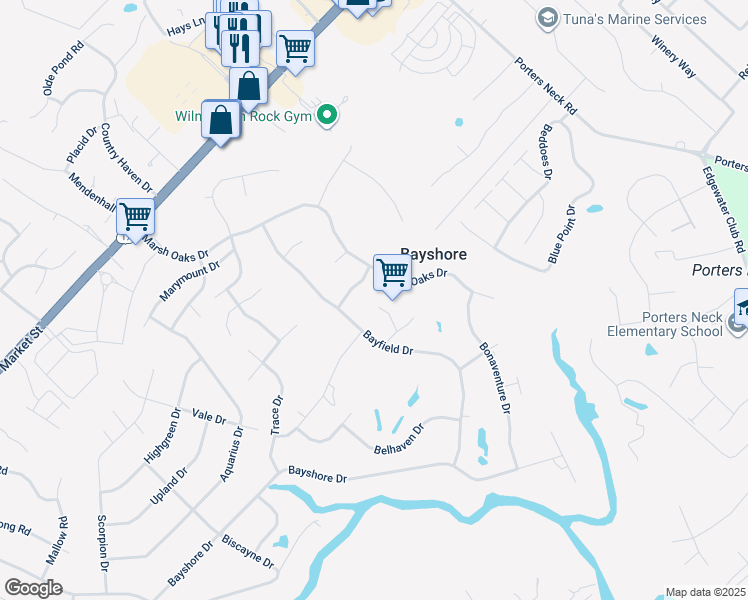 map of restaurants, bars, coffee shops, grocery stores, and more near 303 Bluffton Court in Wilmington