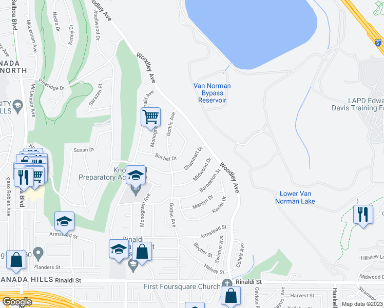 map of restaurants, bars, coffee shops, grocery stores, and more near 16331 Shamhart Drive in Los Angeles