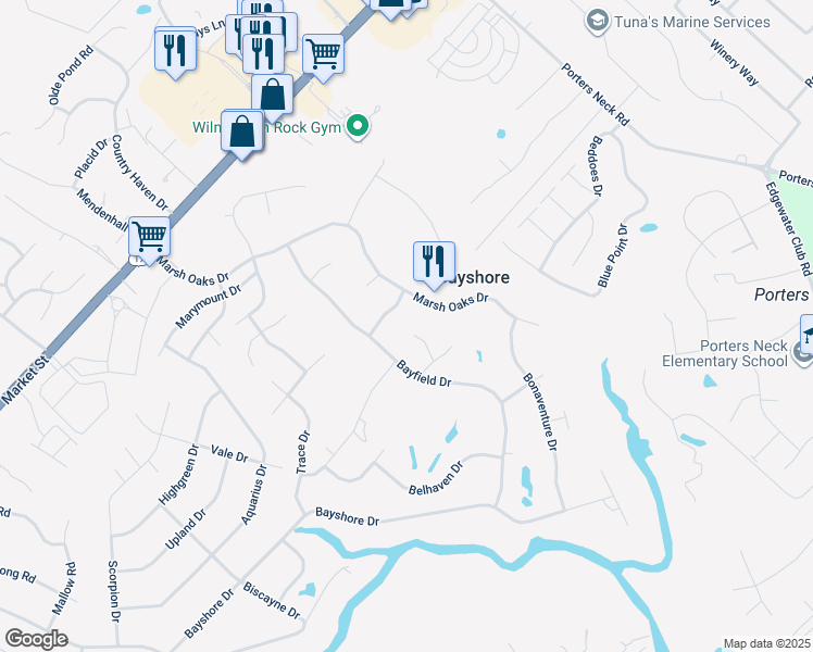 map of restaurants, bars, coffee shops, grocery stores, and more near 303 Bluffton Court in Wilmington