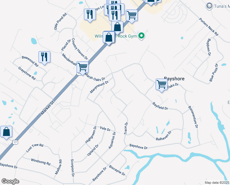 map of restaurants, bars, coffee shops, grocery stores, and more near 903 Trace Drive in Wilmington