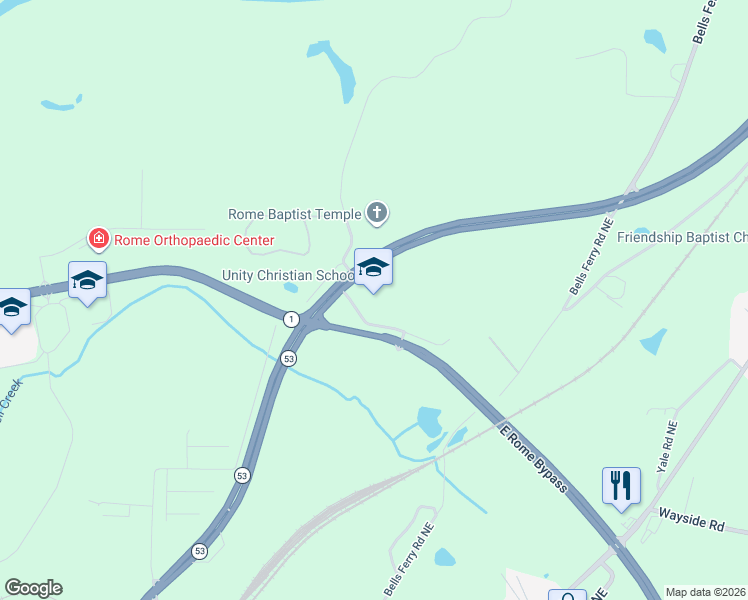 map of restaurants, bars, coffee shops, grocery stores, and more near 2960 New Calhoun Highway Northeast in Rome