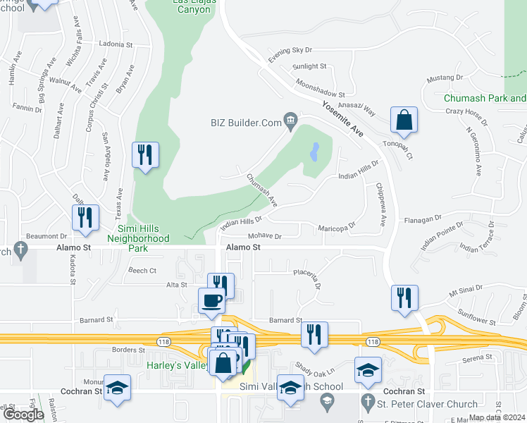 map of restaurants, bars, coffee shops, grocery stores, and more near 5329 Indian Hills Drive in Simi Valley